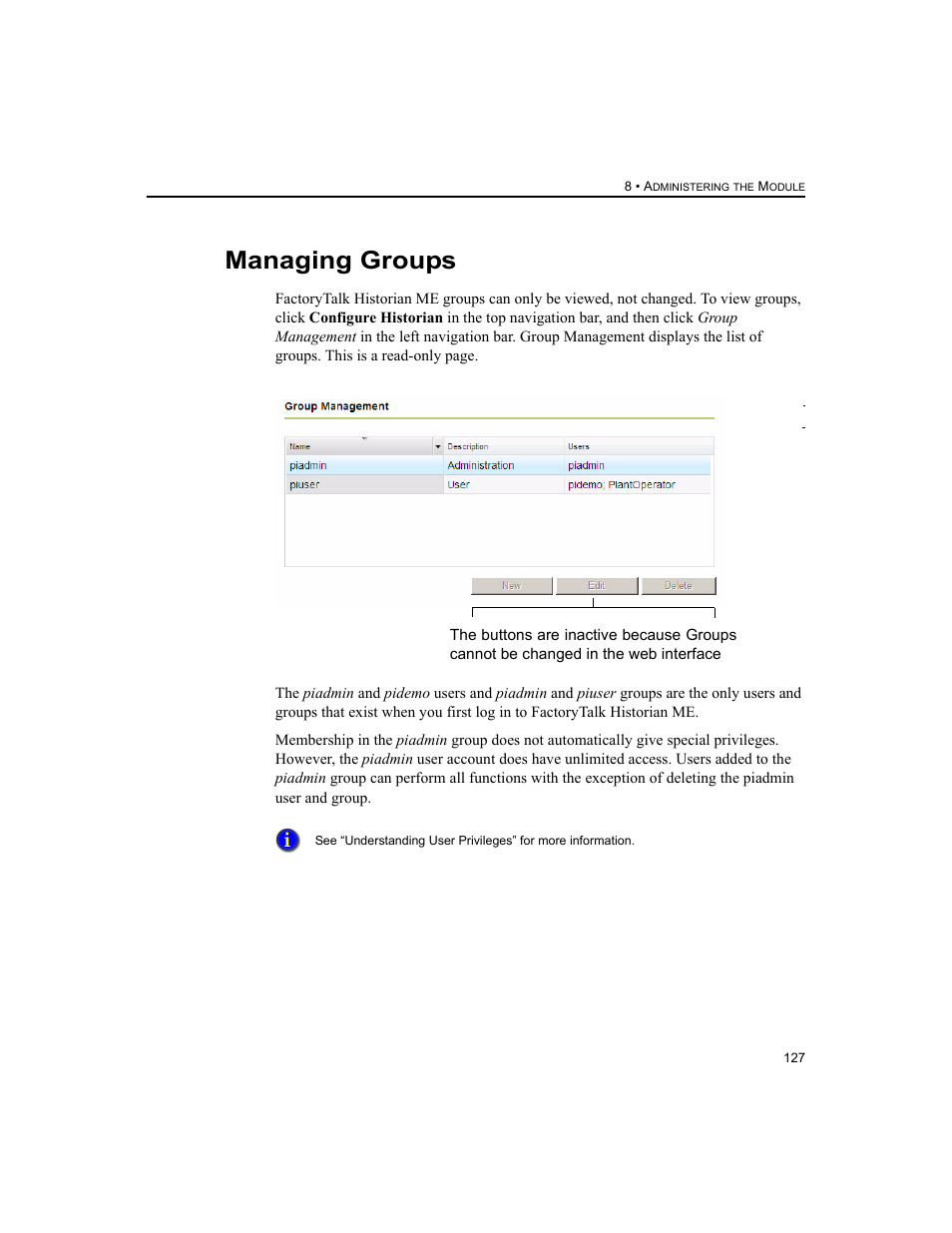 Managing groups | Rockwell Automation 1756-HIST2G FactoryTalk Historian ME 2.2  User Manual | Page 137 / 330