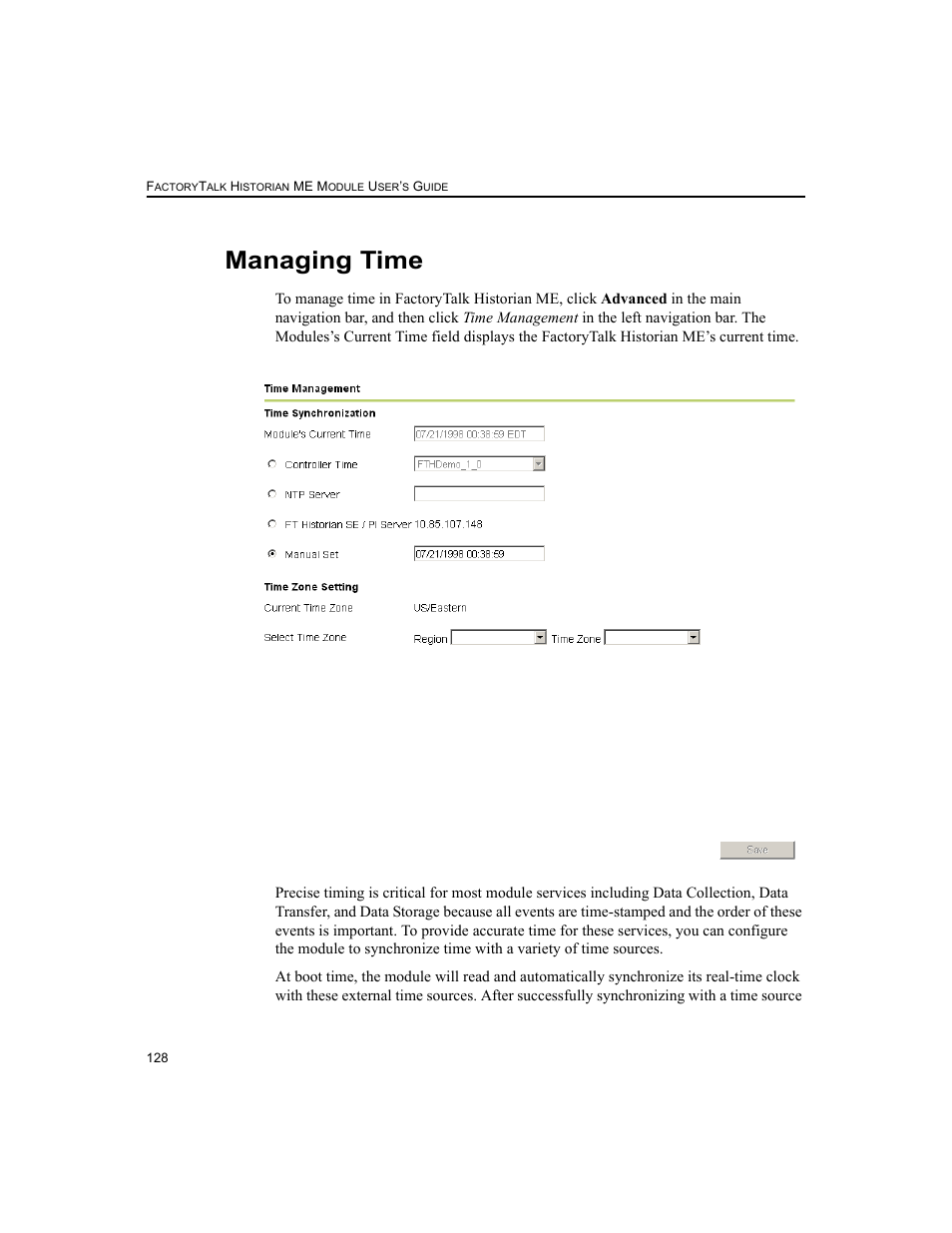 Managing time, E the “managing time” section fo | Rockwell Automation 1756-HIST2G FactoryTalk Historian ME 2.2  User Manual | Page 138 / 330
