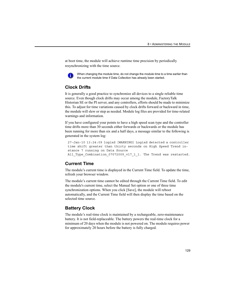 Clock drifts, Current time, Battery clock | Clock drifts current time battery clock | Rockwell Automation 1756-HIST2G FactoryTalk Historian ME 2.2  User Manual | Page 139 / 330