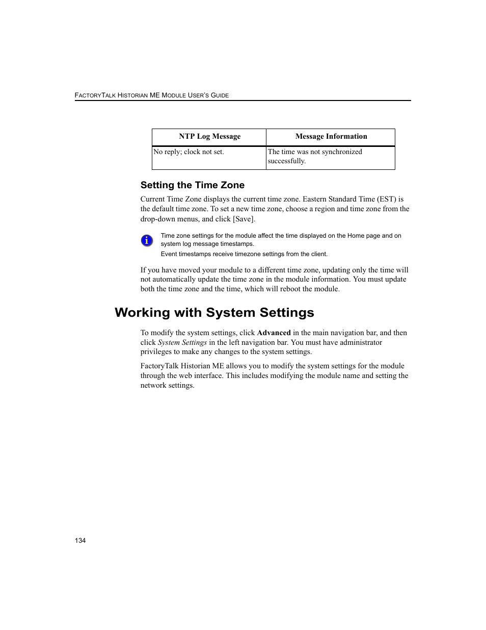 Setting the time zone, Working with system settings | Rockwell Automation 1756-HIST2G FactoryTalk Historian ME 2.2  User Manual | Page 144 / 330