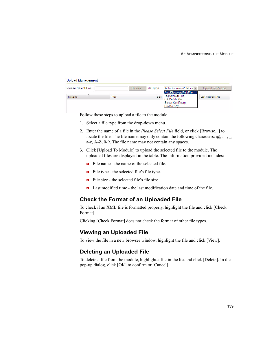 Check the format of an uploaded file, Viewing an uploaded file, Deleting an uploaded file | Rockwell Automation 1756-HIST2G FactoryTalk Historian ME 2.2  User Manual | Page 149 / 330