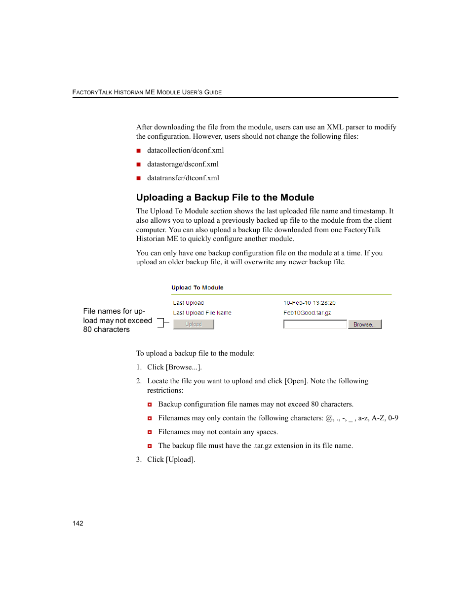 Uploading a backup file to the module | Rockwell Automation 1756-HIST2G FactoryTalk Historian ME 2.2  User Manual | Page 152 / 330