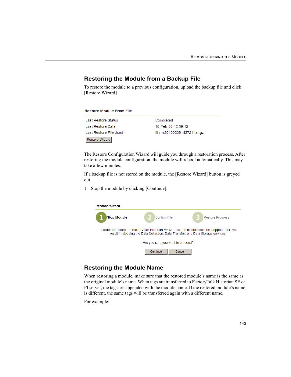 Restoring the module from a backup file, Restoring the module name | Rockwell Automation 1756-HIST2G FactoryTalk Historian ME 2.2  User Manual | Page 153 / 330