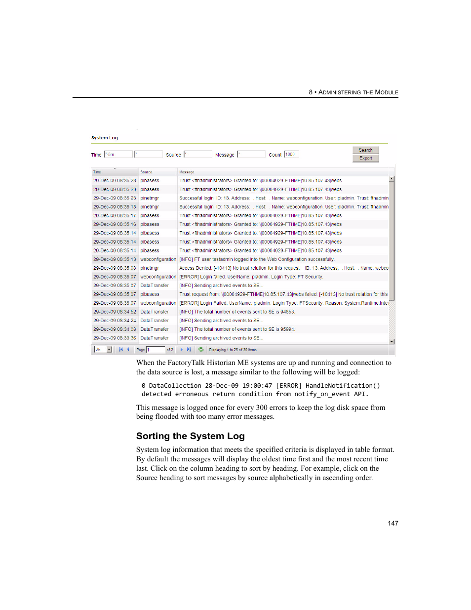 Sorting the system log | Rockwell Automation 1756-HIST2G FactoryTalk Historian ME 2.2  User Manual | Page 157 / 330