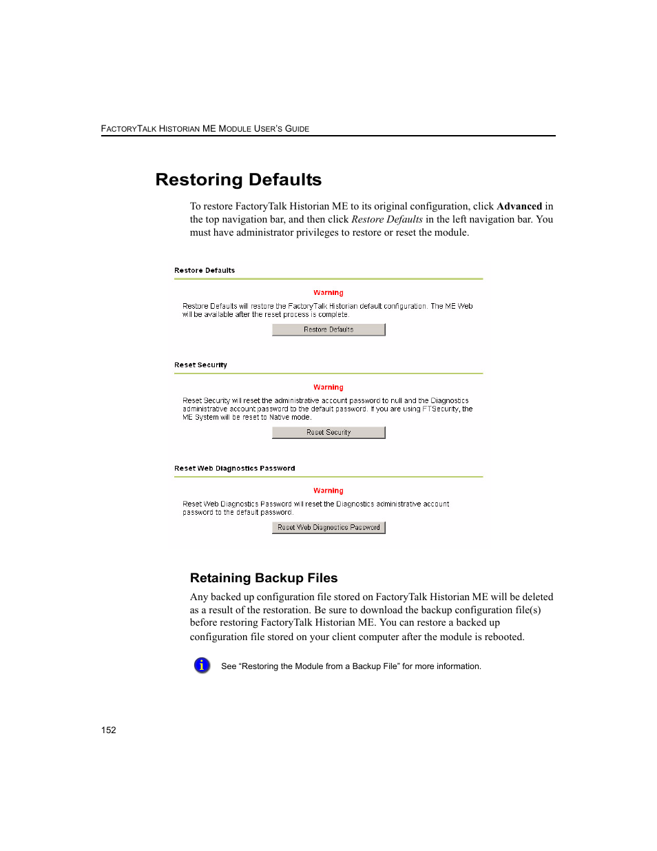 Restoring defaults, Retaining backup files | Rockwell Automation 1756-HIST2G FactoryTalk Historian ME 2.2  User Manual | Page 162 / 330
