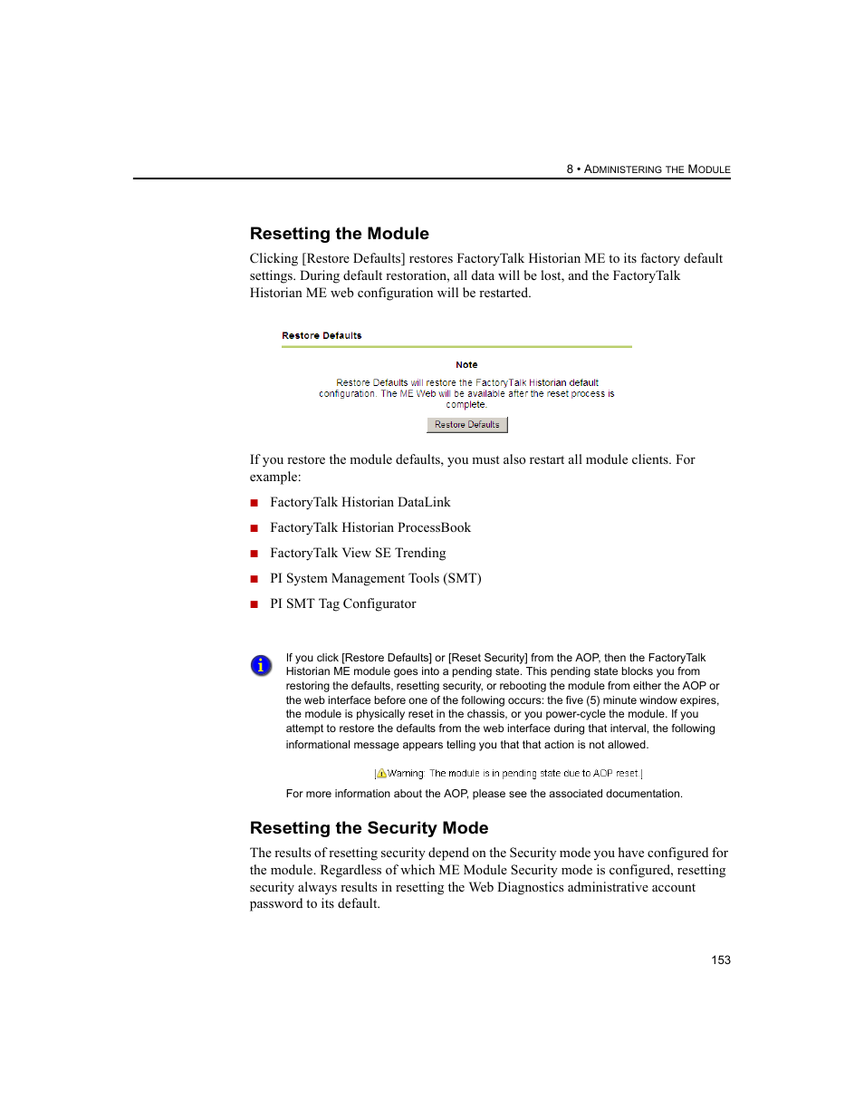 Resetting the module, Resetting the security mode, Resetting the module resetting the security mode | Rockwell Automation 1756-HIST2G FactoryTalk Historian ME 2.2  User Manual | Page 163 / 330