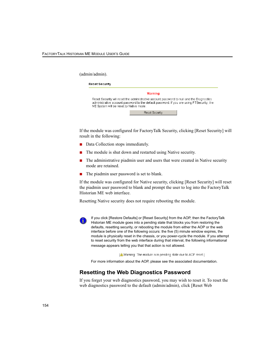 Resetting the web diagnostics password | Rockwell Automation 1756-HIST2G FactoryTalk Historian ME 2.2  User Manual | Page 164 / 330