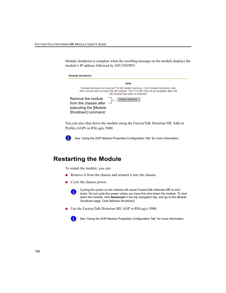Restarting the module | Rockwell Automation 1756-HIST2G FactoryTalk Historian ME 2.2  User Manual | Page 166 / 330