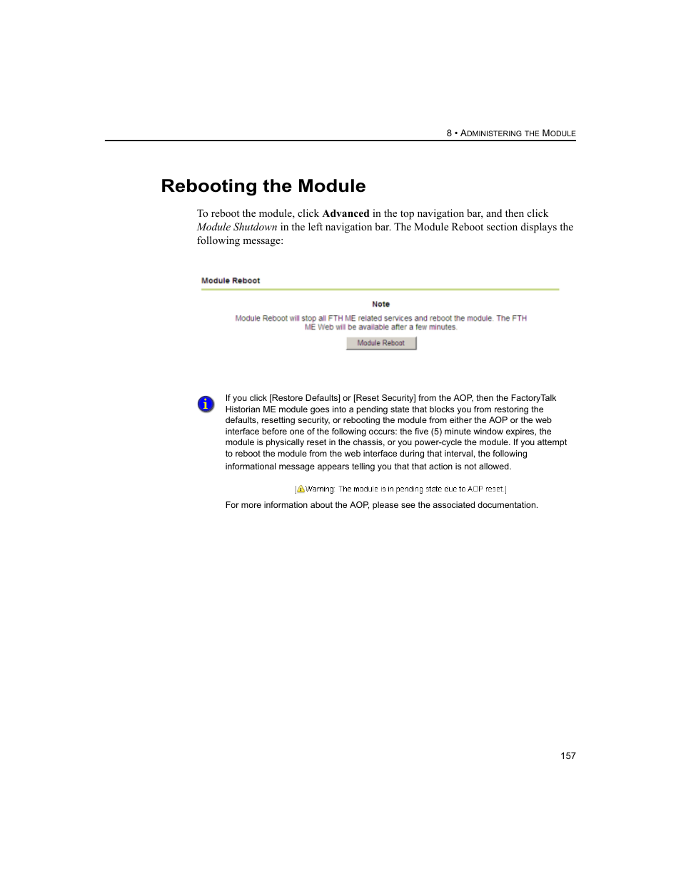 Rebooting the module | Rockwell Automation 1756-HIST2G FactoryTalk Historian ME 2.2  User Manual | Page 167 / 330
