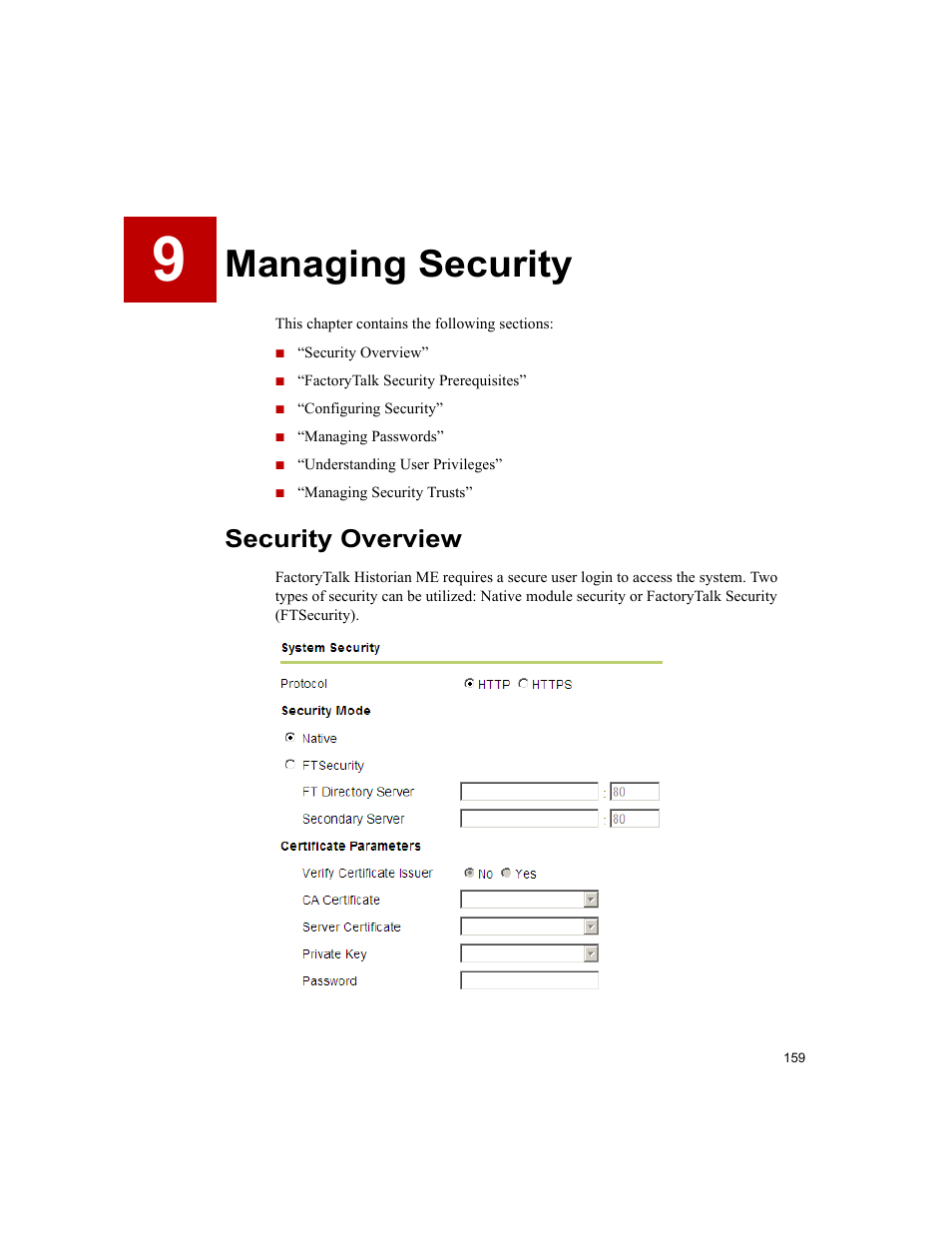 Managing security, Security overview, 9 • managing security | E the “managing security” chapter | Rockwell Automation 1756-HIST2G FactoryTalk Historian ME 2.2  User Manual | Page 169 / 330