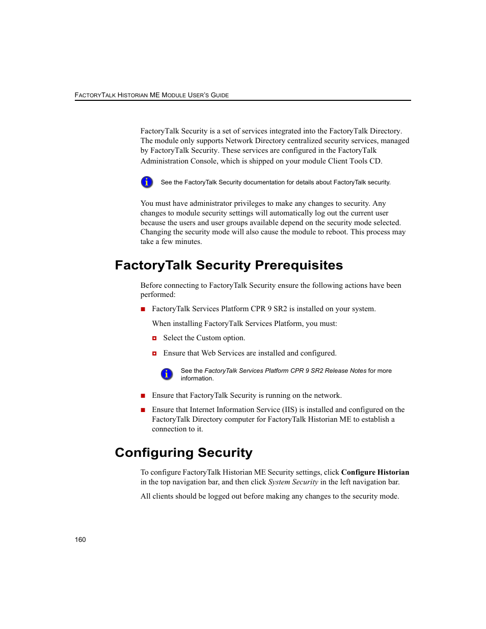 Factorytalk security prerequisites, Configuring security | Rockwell Automation 1756-HIST2G FactoryTalk Historian ME 2.2  User Manual | Page 170 / 330