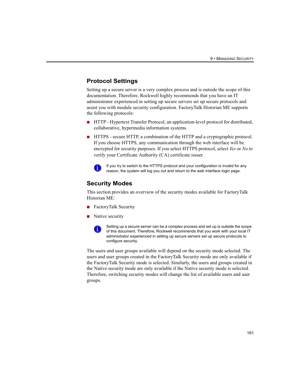 Protocol settings, Security modes, Protocol settings security modes | Rockwell Automation 1756-HIST2G FactoryTalk Historian ME 2.2  User Manual | Page 171 / 330