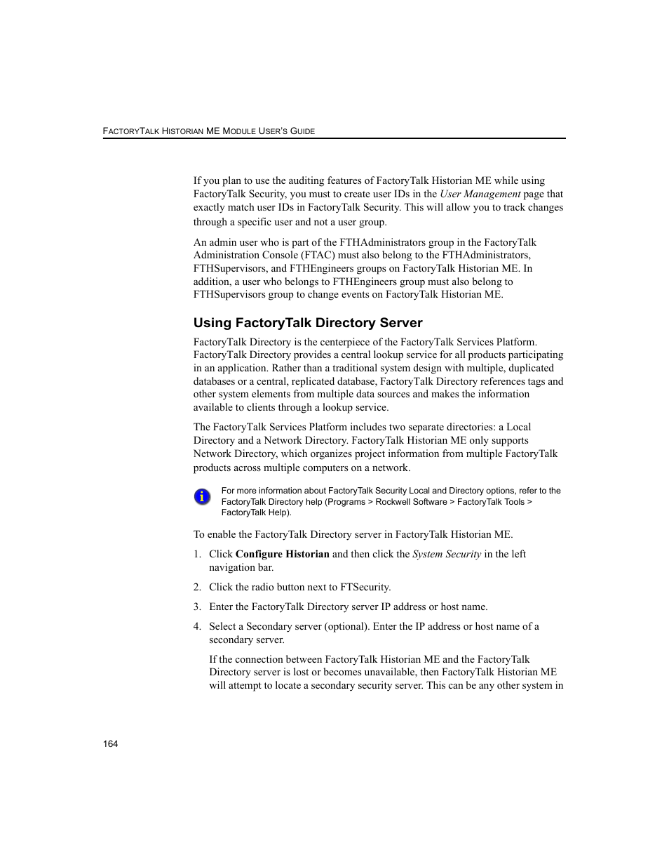Using factorytalk directory server | Rockwell Automation 1756-HIST2G FactoryTalk Historian ME 2.2  User Manual | Page 174 / 330