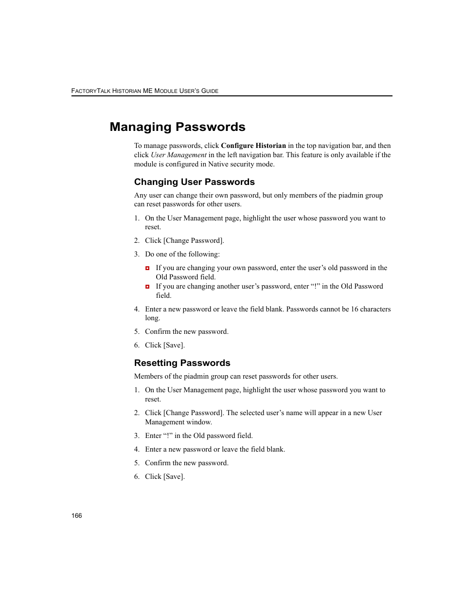 Managing passwords, Changing user passwords, Resetting passwords | Changing user passwords resetting passwords | Rockwell Automation 1756-HIST2G FactoryTalk Historian ME 2.2  User Manual | Page 176 / 330