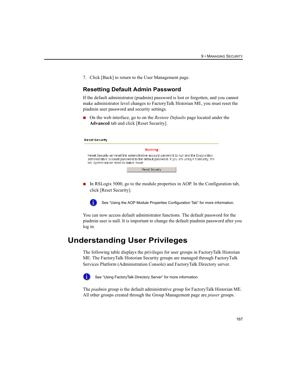 Resetting default admin password, Understanding user privileges | Rockwell Automation 1756-HIST2G FactoryTalk Historian ME 2.2  User Manual | Page 177 / 330