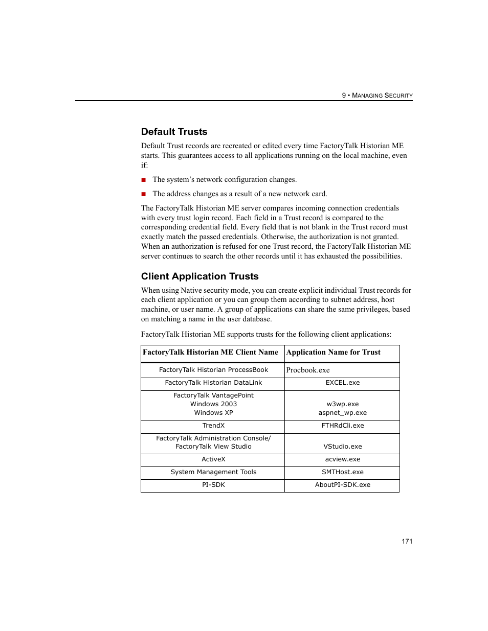 Default trusts, Client application trusts, Default trusts client application trusts | Rockwell Automation 1756-HIST2G FactoryTalk Historian ME 2.2  User Manual | Page 181 / 330