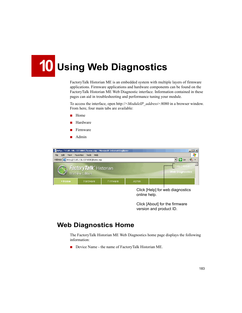 Using web diagnostics, Web diagnostics home, 10• using web diagnostics | Rockwell Automation 1756-HIST2G FactoryTalk Historian ME 2.2  User Manual | Page 193 / 330