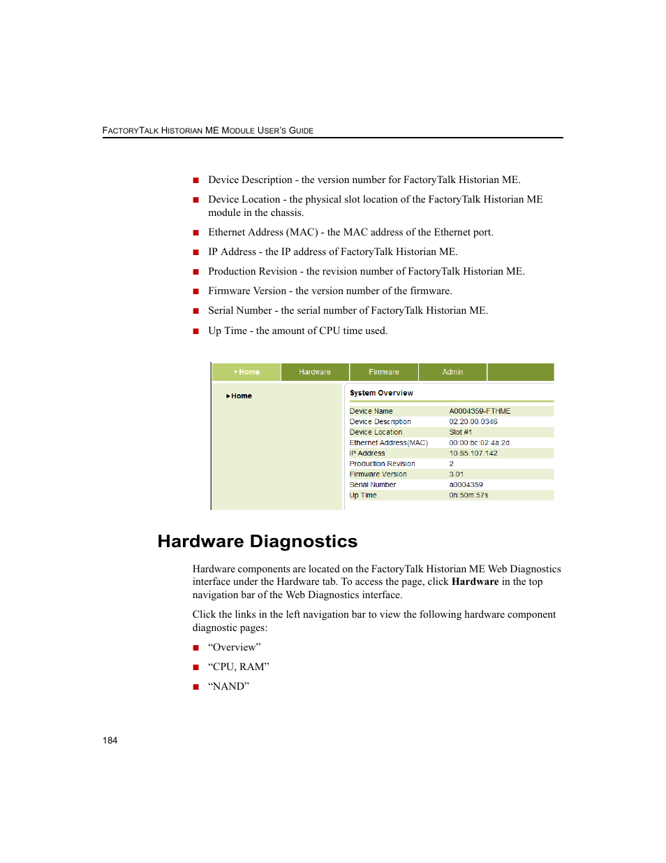 Hardware diagnostics | Rockwell Automation 1756-HIST2G FactoryTalk Historian ME 2.2  User Manual | Page 194 / 330