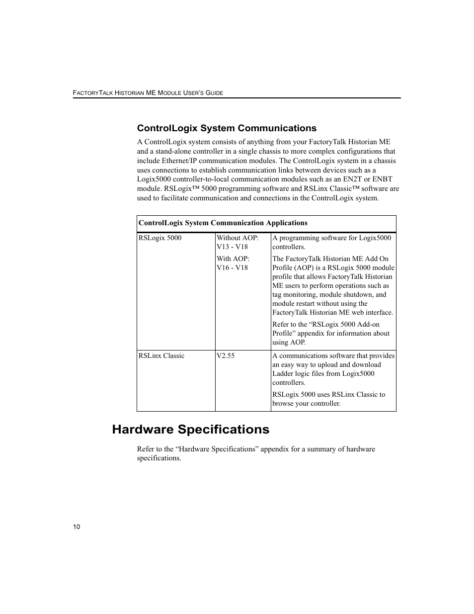 Controllogix system communications, Hardware specifications | Rockwell Automation 1756-HIST2G FactoryTalk Historian ME 2.2  User Manual | Page 20 / 330