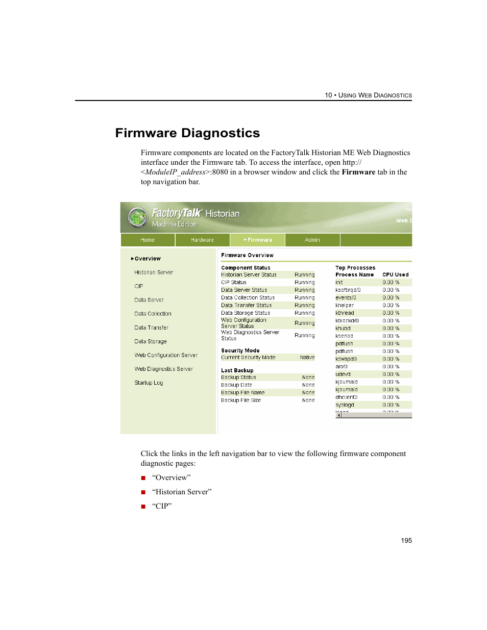 Firmware diagnostics | Rockwell Automation 1756-HIST2G FactoryTalk Historian ME 2.2  User Manual | Page 205 / 330