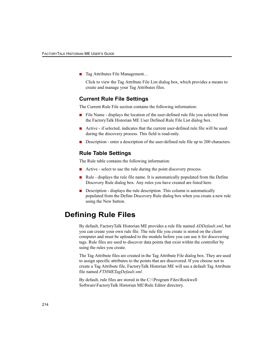 Current rule file settings, Rule table settings, Defining rule files | Current rule file settings rule table settings | Rockwell Automation 1756-HIST2G FactoryTalk Historian ME 2.2  User Manual | Page 224 / 330