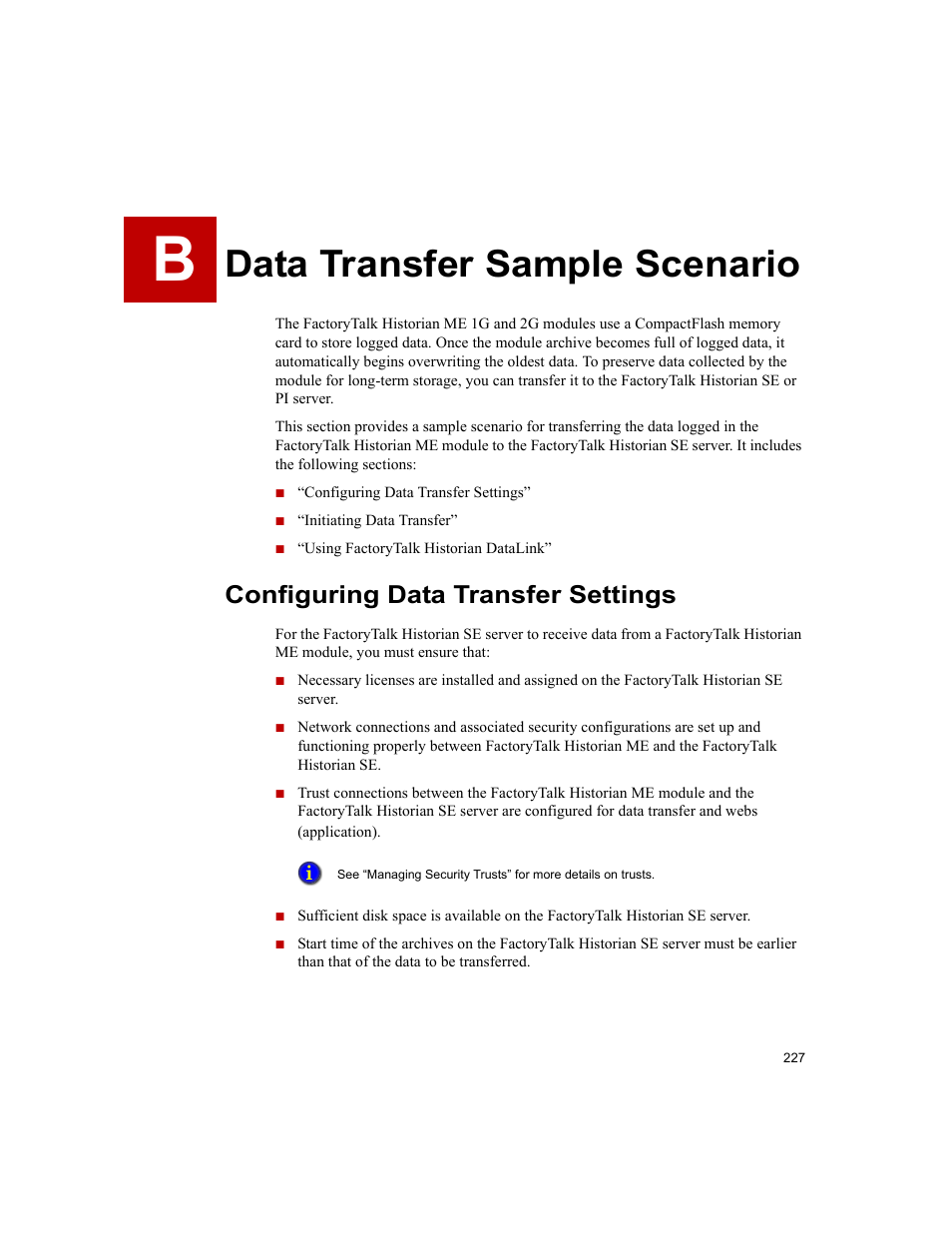 Data transfer sample scenario, Configuring data transfer settings, B • data transfer sample scenario | Rockwell Automation 1756-HIST2G FactoryTalk Historian ME 2.2  User Manual | Page 237 / 330