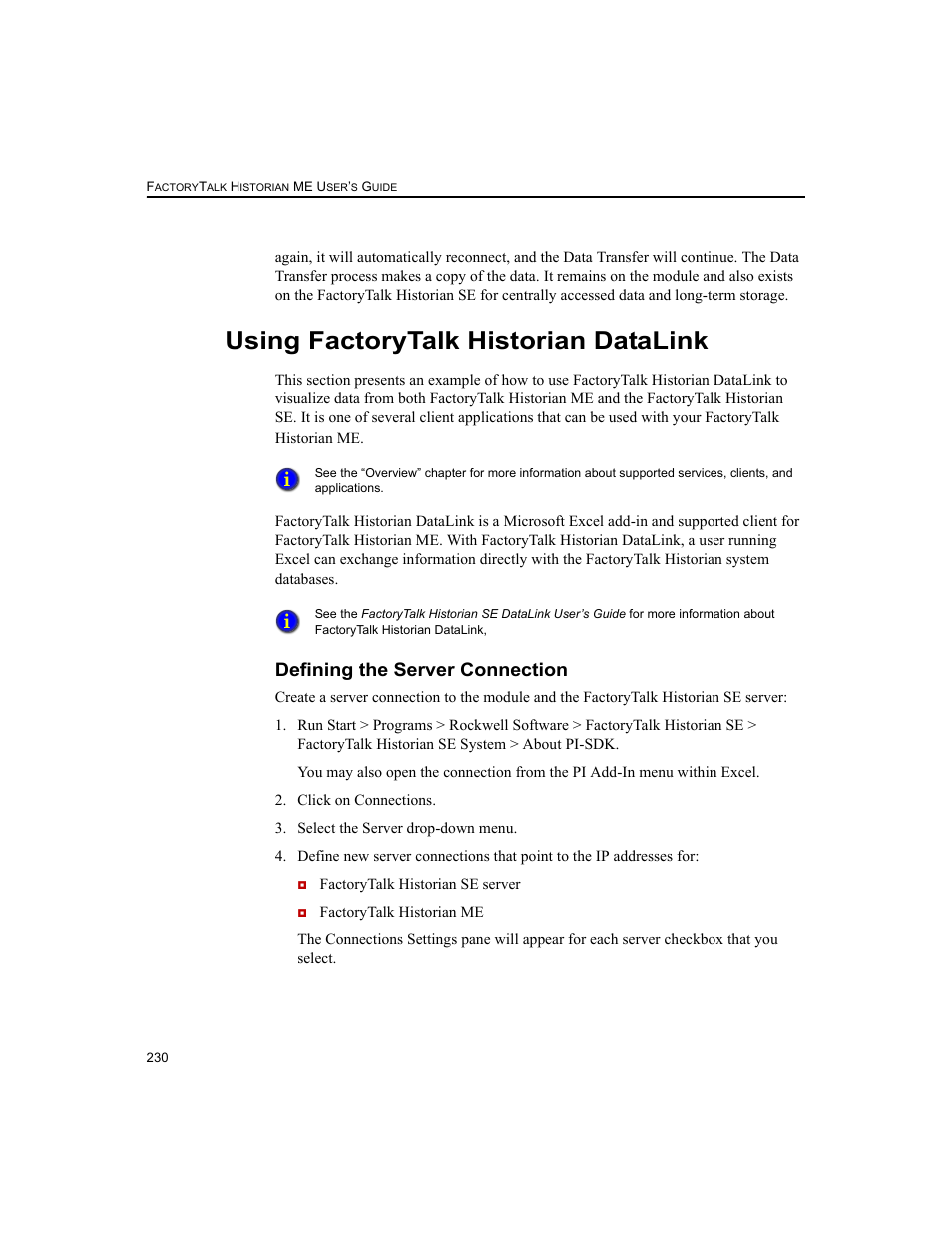 Using factorytalk historian datalink, Defining the server connection | Rockwell Automation 1756-HIST2G FactoryTalk Historian ME 2.2  User Manual | Page 240 / 330