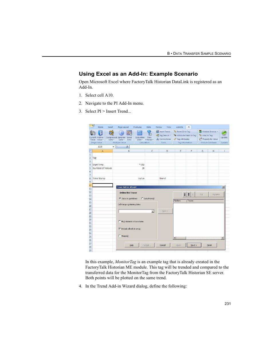 Using excel as an add-in: example scenario | Rockwell Automation 1756-HIST2G FactoryTalk Historian ME 2.2  User Manual | Page 241 / 330