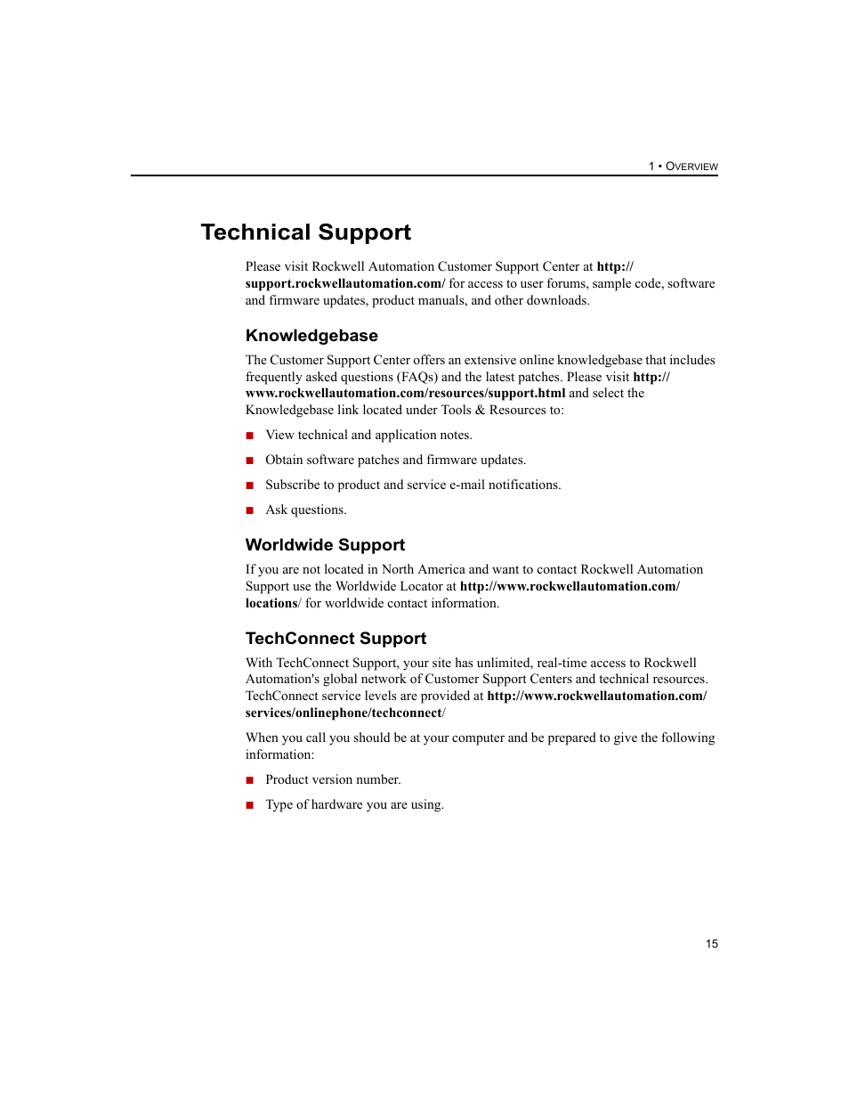 Technical support, Knowledgebase, Worldwide support | Techconnect support | Rockwell Automation 1756-HIST2G FactoryTalk Historian ME 2.2  User Manual | Page 25 / 330