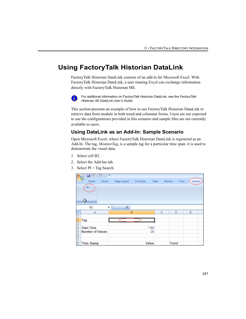 Using factorytalk historian datalink, Using datalink as an add-in: sample scenario | Rockwell Automation 1756-HIST2G FactoryTalk Historian ME 2.2  User Manual | Page 257 / 330