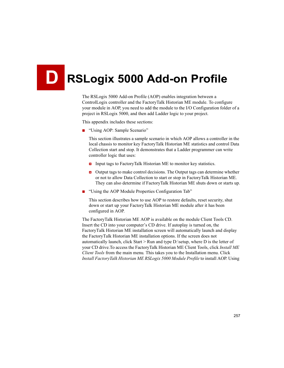 Rslogix 5000 add-on profile, D • rslogix 5000 add-on profile | Rockwell Automation 1756-HIST2G FactoryTalk Historian ME 2.2  User Manual | Page 267 / 330