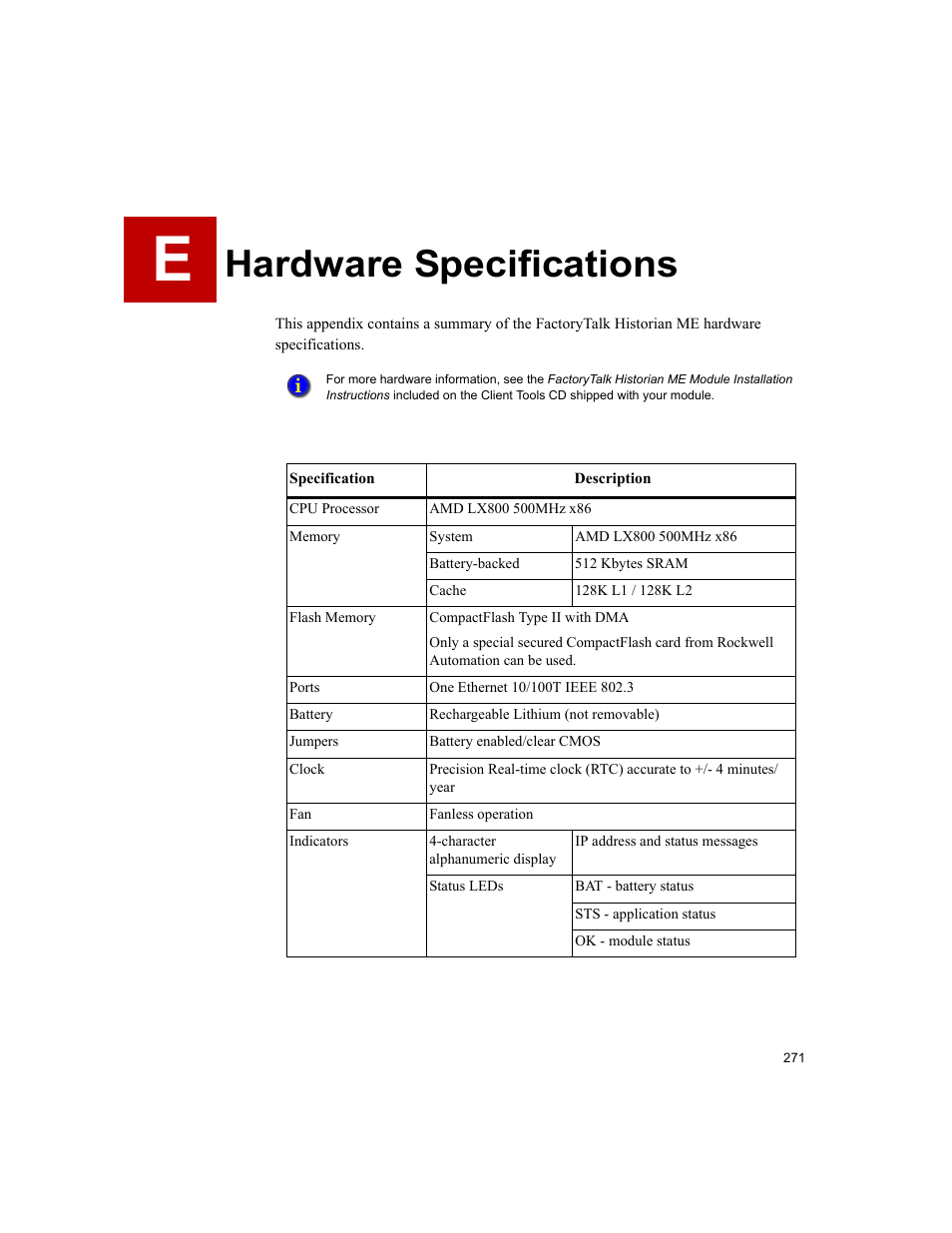 Hardware specifications, E • hardware specifications | Rockwell Automation 1756-HIST2G FactoryTalk Historian ME 2.2  User Manual | Page 281 / 330