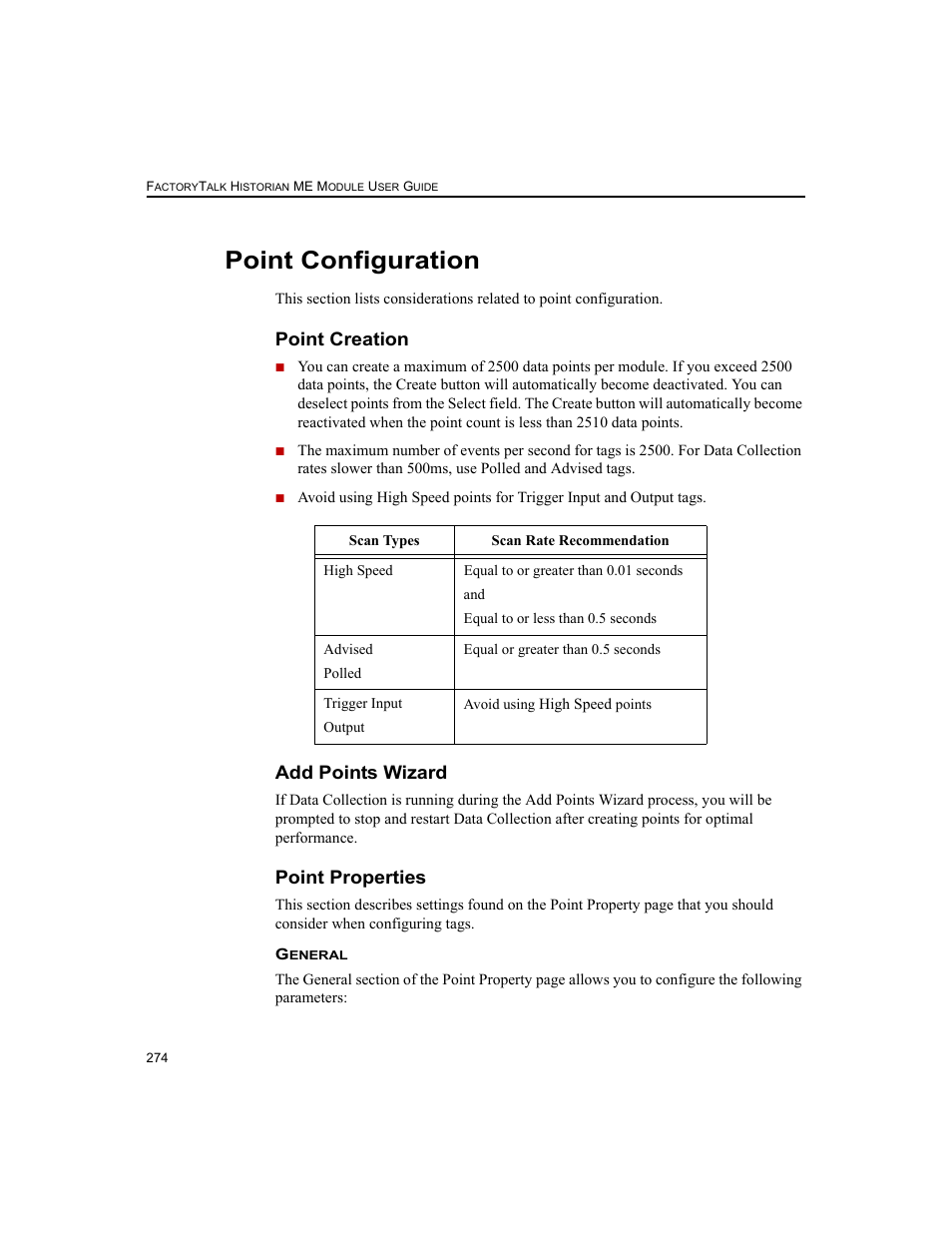 Point configuration, Point creation, Add points wizard | Point properties, Point creation add points wizard point properties | Rockwell Automation 1756-HIST2G FactoryTalk Historian ME 2.2  User Manual | Page 284 / 330