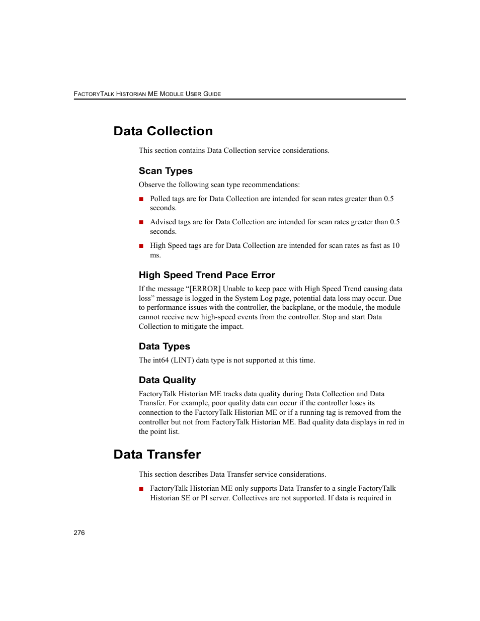 Data collection, Scan types, High speed trend pace error | Data types, Data quality, Data transfer | Rockwell Automation 1756-HIST2G FactoryTalk Historian ME 2.2  User Manual | Page 286 / 330