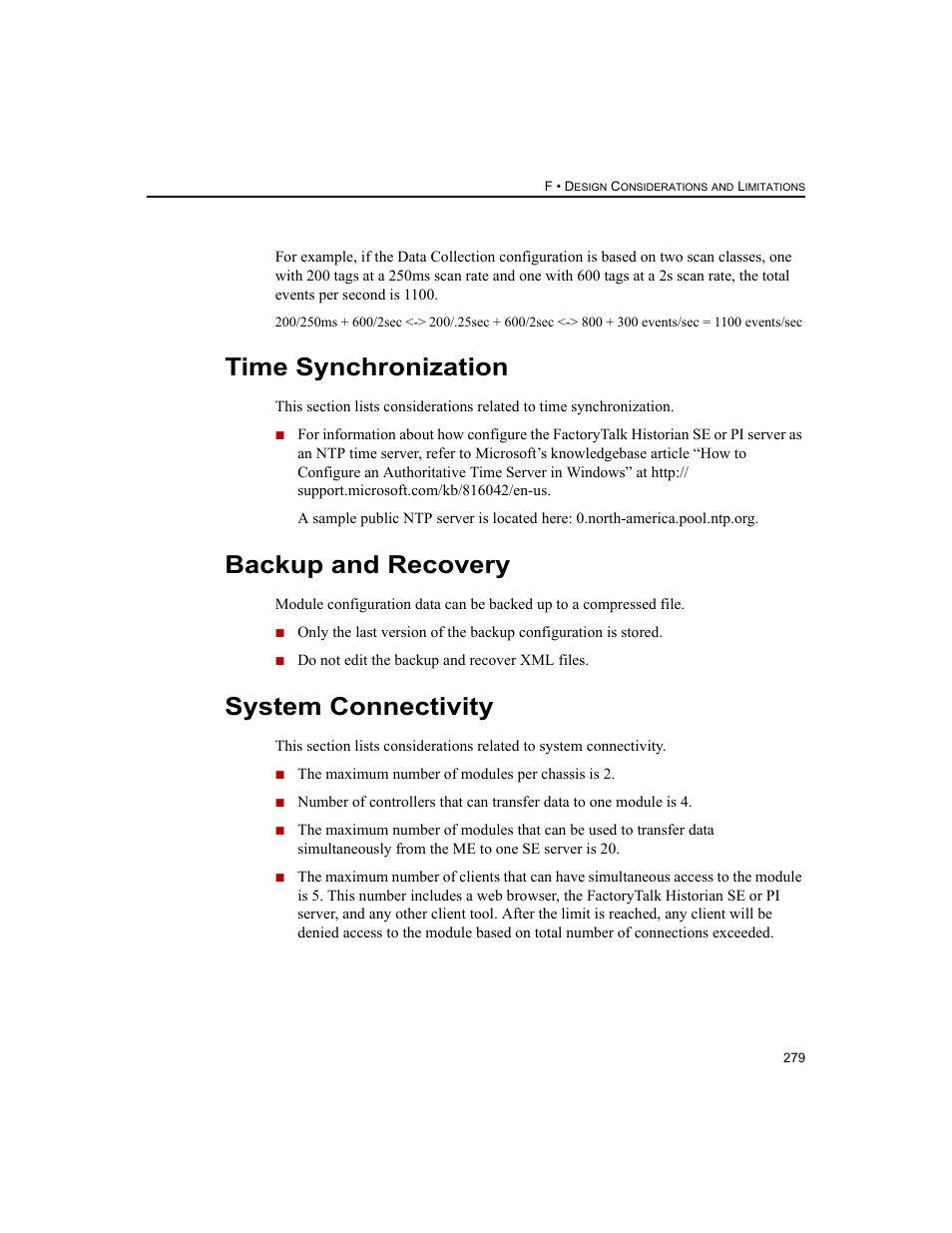 Time synchronization, Backup and recovery, System connectivity | Rockwell Automation 1756-HIST2G FactoryTalk Historian ME 2.2  User Manual | Page 289 / 330
