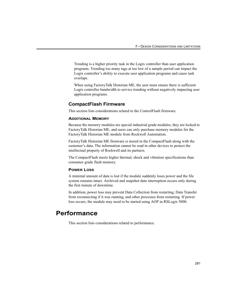 Compactflash firmware, Performance | Rockwell Automation 1756-HIST2G FactoryTalk Historian ME 2.2  User Manual | Page 291 / 330