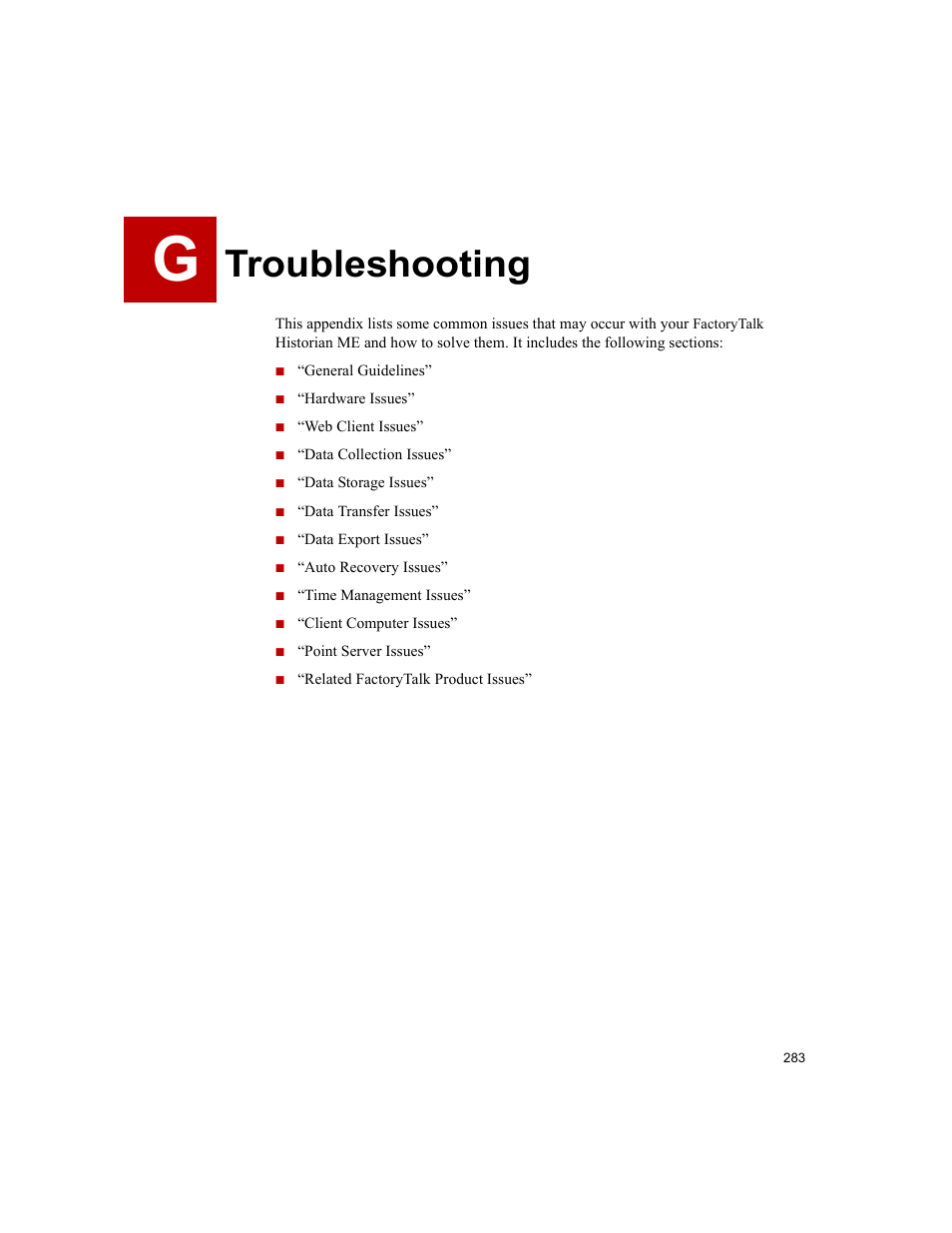 Troubleshooting, G• troubleshooting | Rockwell Automation 1756-HIST2G FactoryTalk Historian ME 2.2  User Manual | Page 293 / 330
