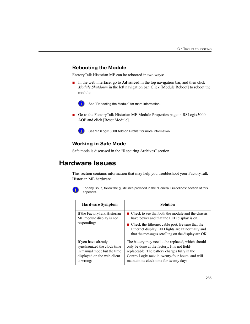 Rebooting the module, Working in safe mode, Hardware issues | Rebooting the module working in safe mode | Rockwell Automation 1756-HIST2G FactoryTalk Historian ME 2.2  User Manual | Page 295 / 330