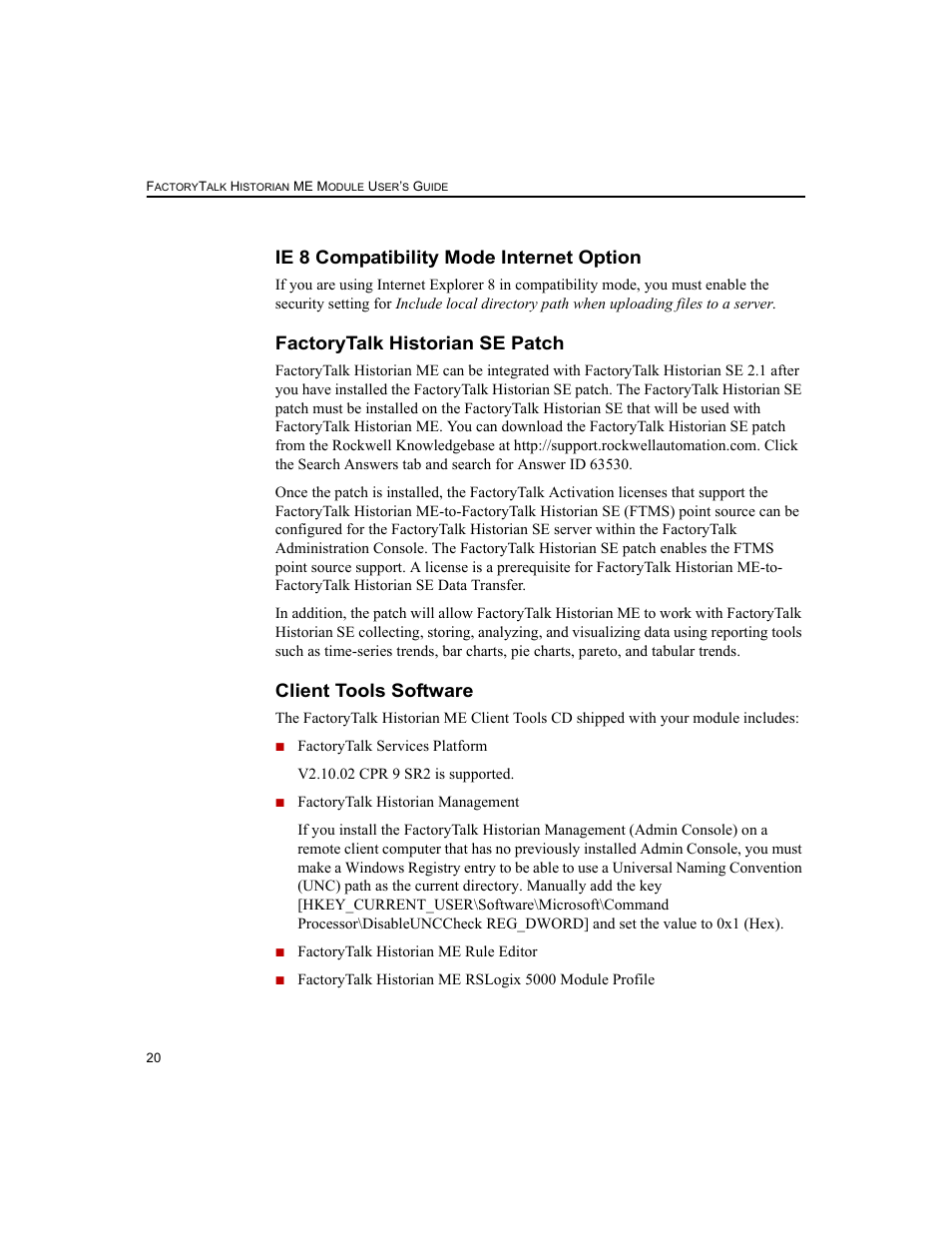 Ie 8 compatibility mode internet option, Factorytalk historian se patch, Client tools software | Rockwell Automation 1756-HIST2G FactoryTalk Historian ME 2.2  User Manual | Page 30 / 330