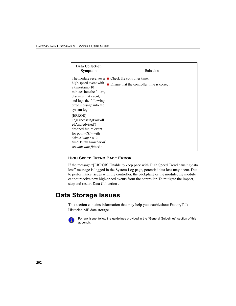 Data storage issues | Rockwell Automation 1756-HIST2G FactoryTalk Historian ME 2.2  User Manual | Page 302 / 330