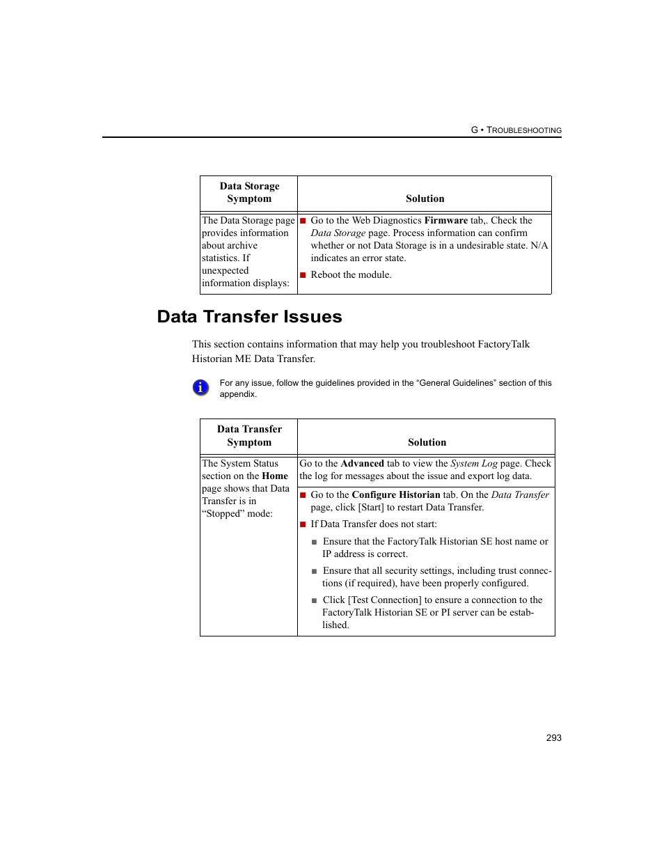 Data transfer issues | Rockwell Automation 1756-HIST2G FactoryTalk Historian ME 2.2  User Manual | Page 303 / 330