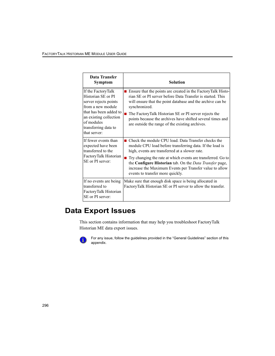 Data export issues | Rockwell Automation 1756-HIST2G FactoryTalk Historian ME 2.2  User Manual | Page 306 / 330