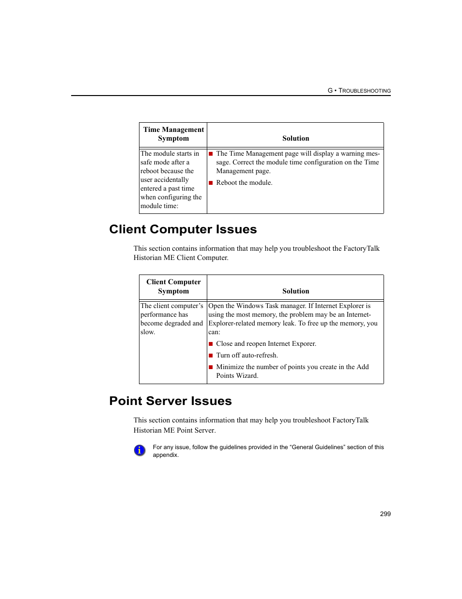 Client computer issues, Point server issues, Client computer issues point server issues | Rockwell Automation 1756-HIST2G FactoryTalk Historian ME 2.2  User Manual | Page 309 / 330