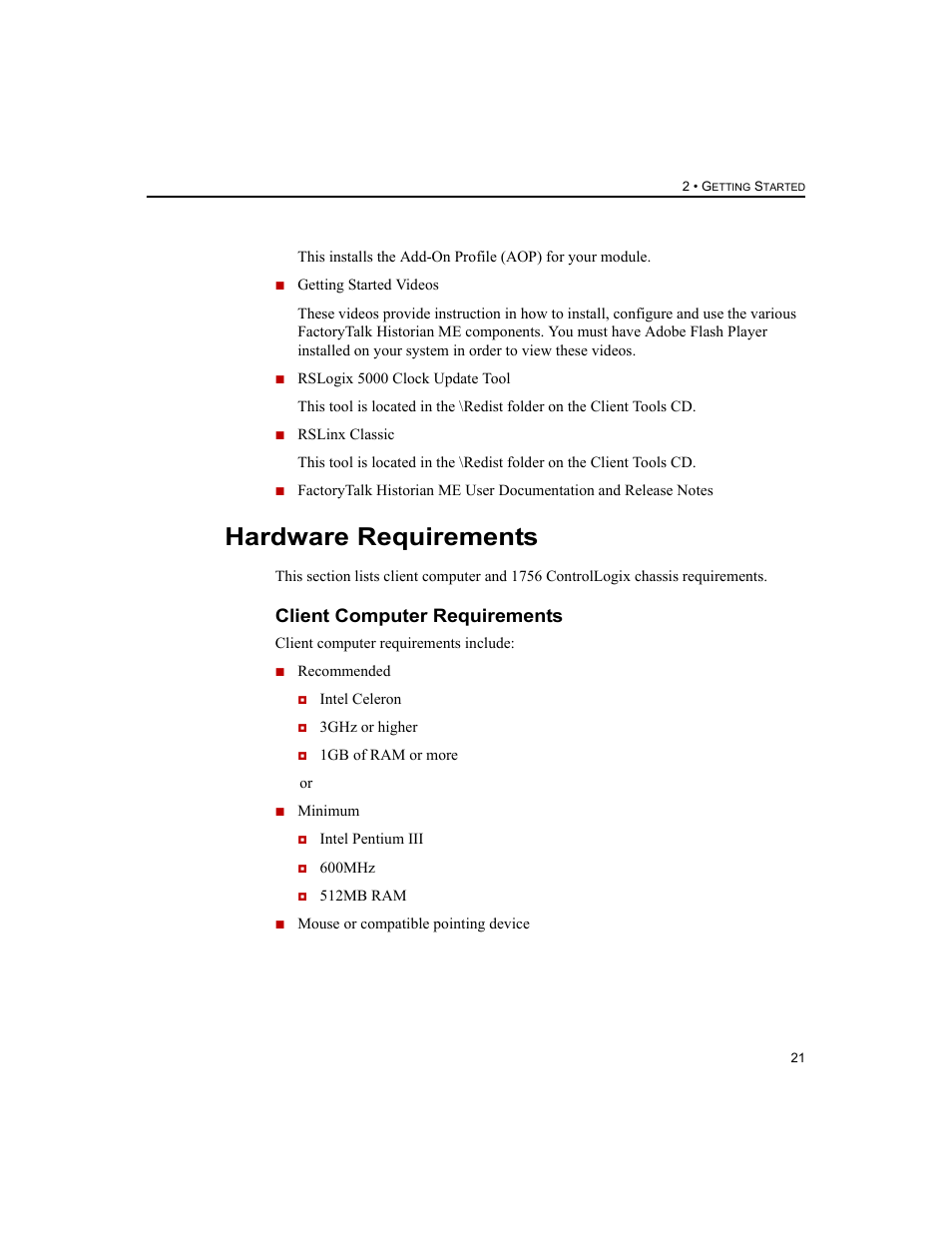 Hardware requirements, Client computer requirements | Rockwell Automation 1756-HIST2G FactoryTalk Historian ME 2.2  User Manual | Page 31 / 330