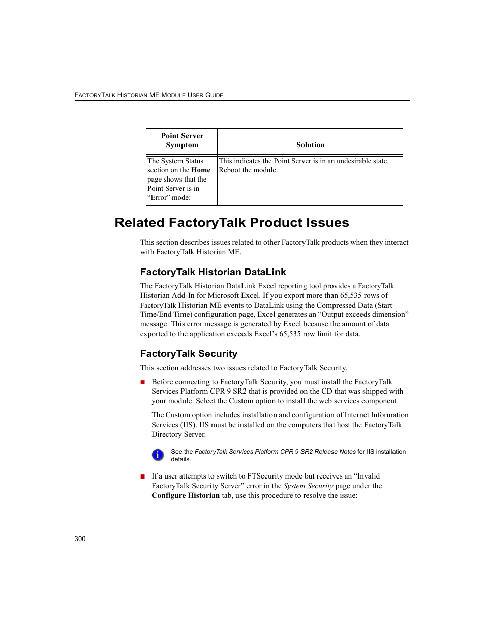 Related factorytalk product issues, Factorytalk historian datalink, Factorytalk security | Rockwell Automation 1756-HIST2G FactoryTalk Historian ME 2.2  User Manual | Page 310 / 330