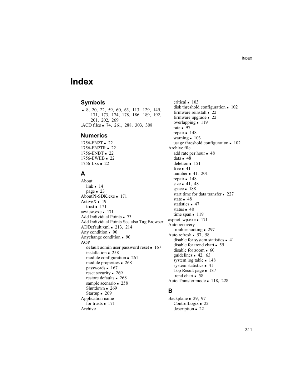 Index, Symbols, Numerics | Rockwell Automation 1756-HIST2G FactoryTalk Historian ME 2.2  User Manual | Page 321 / 330