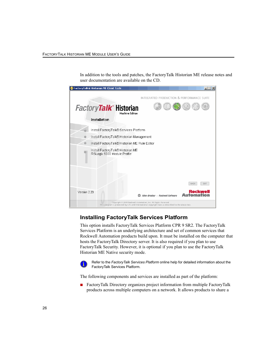 Installing factorytalk services platform | Rockwell Automation 1756-HIST2G FactoryTalk Historian ME 2.2  User Manual | Page 36 / 330