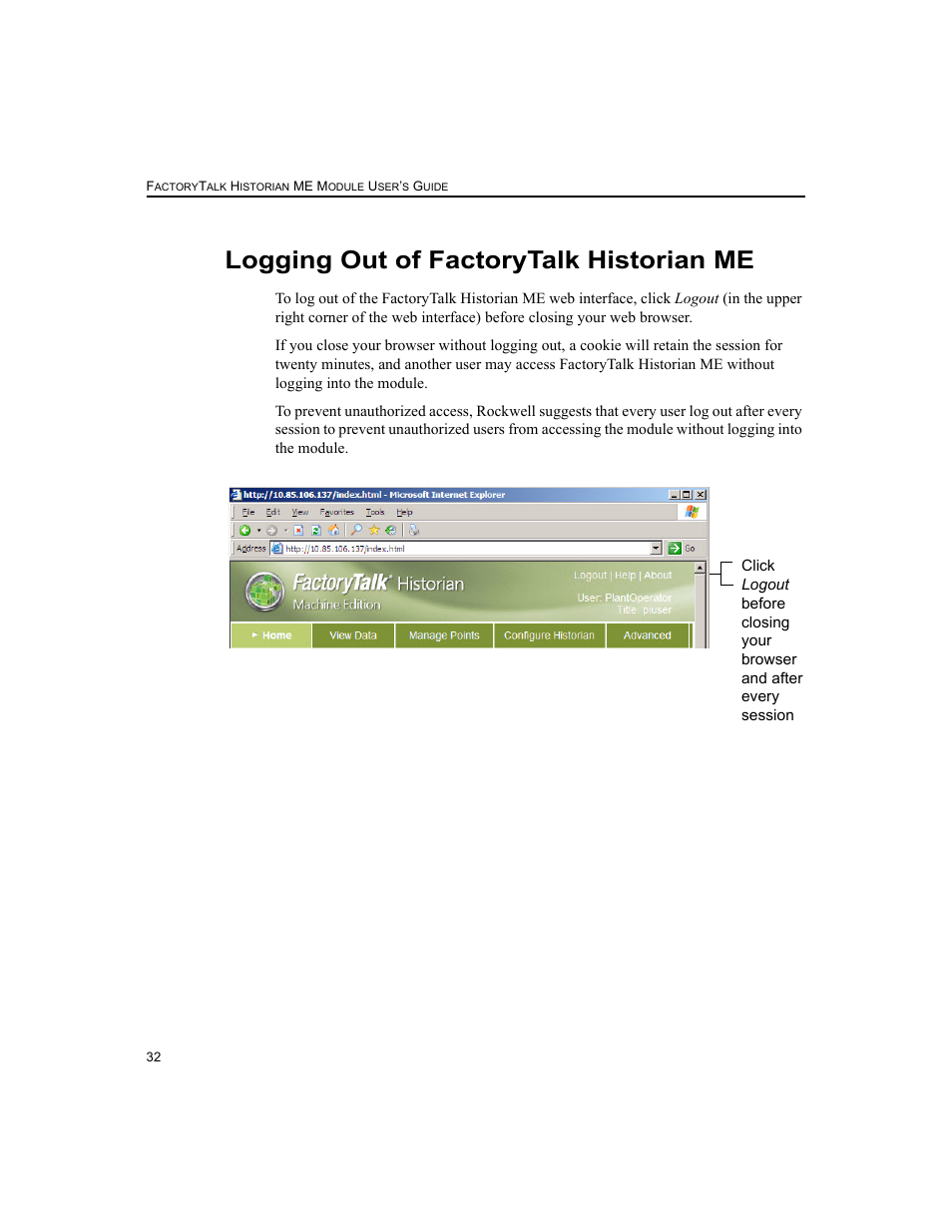 Logging out of factorytalk historian me | Rockwell Automation 1756-HIST2G FactoryTalk Historian ME 2.2  User Manual | Page 42 / 330