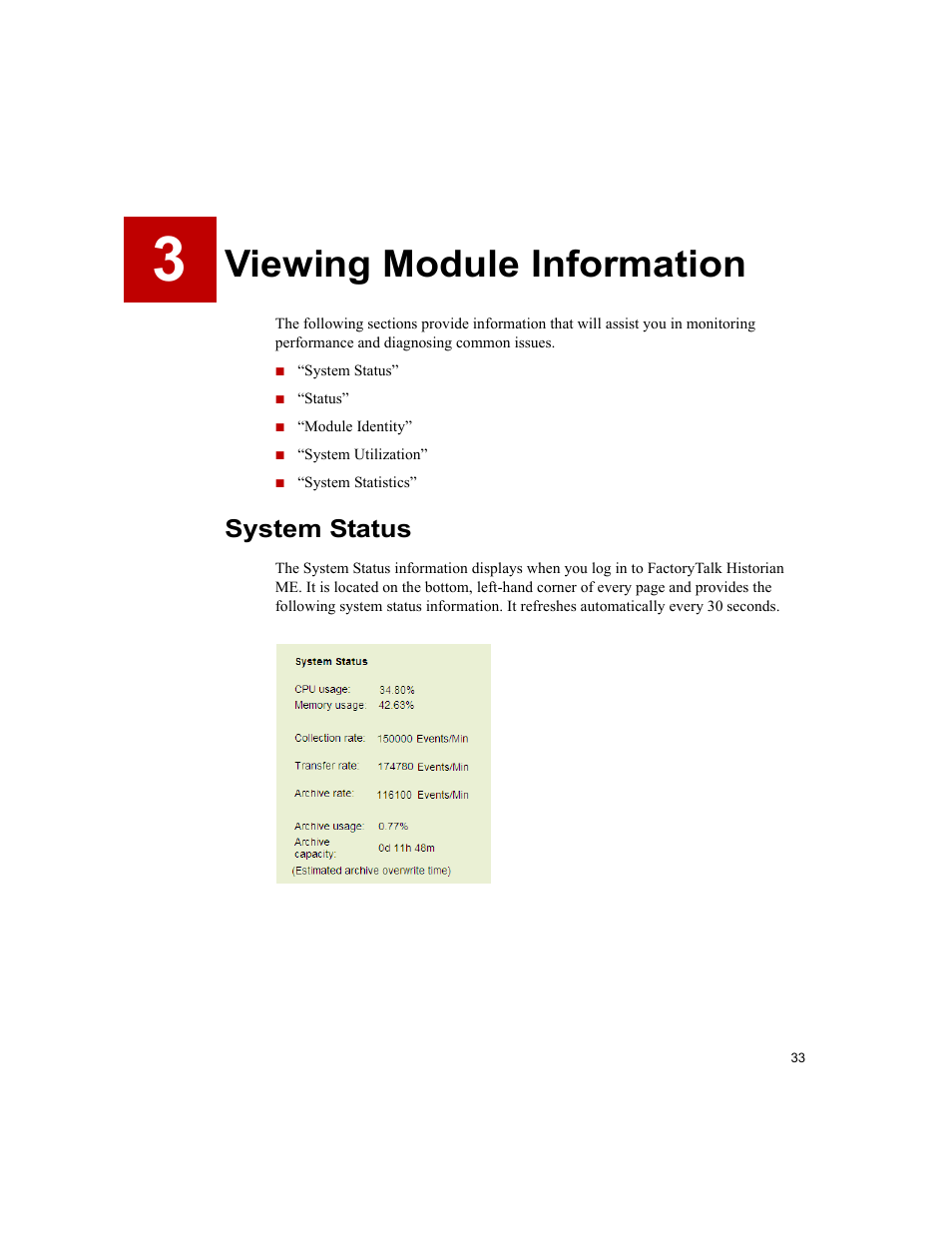 Viewing module information, System status, 3 • viewing module information | Rockwell Automation 1756-HIST2G FactoryTalk Historian ME 2.2  User Manual | Page 43 / 330