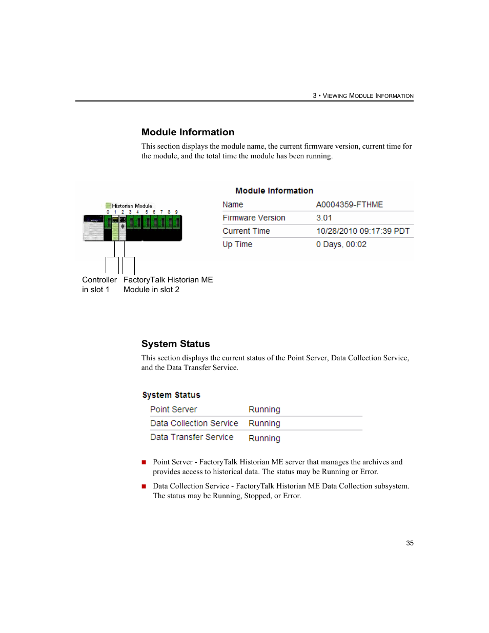 Module information, System status, Module information system status | Rockwell Automation 1756-HIST2G FactoryTalk Historian ME 2.2  User Manual | Page 45 / 330